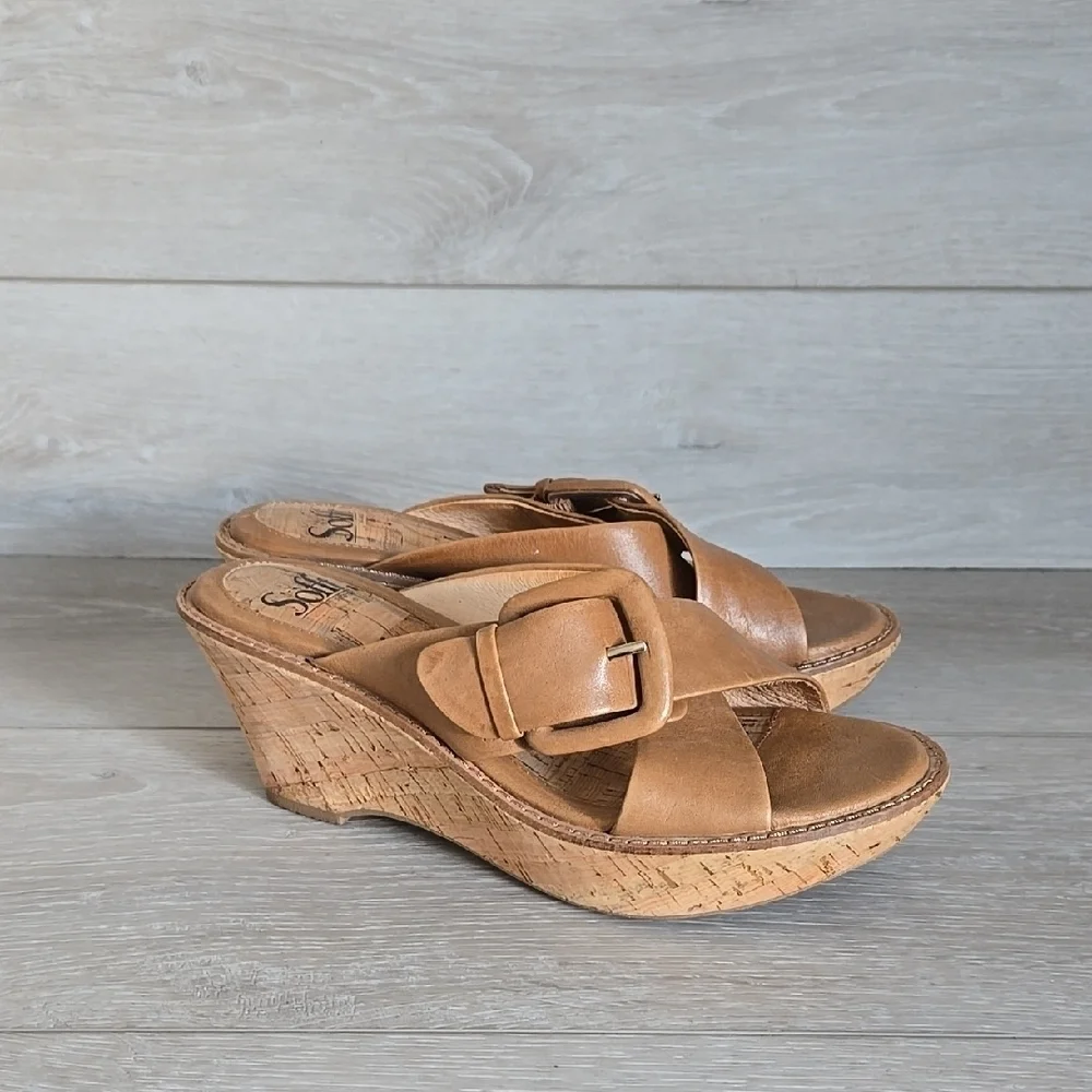 Sofft Women Leather Stylish Tan Wedge Sandals Shoes 7.5M